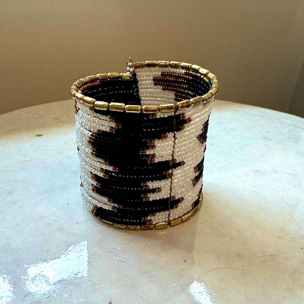 NEW Elegant Beaded Cuff Bracelet in Black, White, and Gold